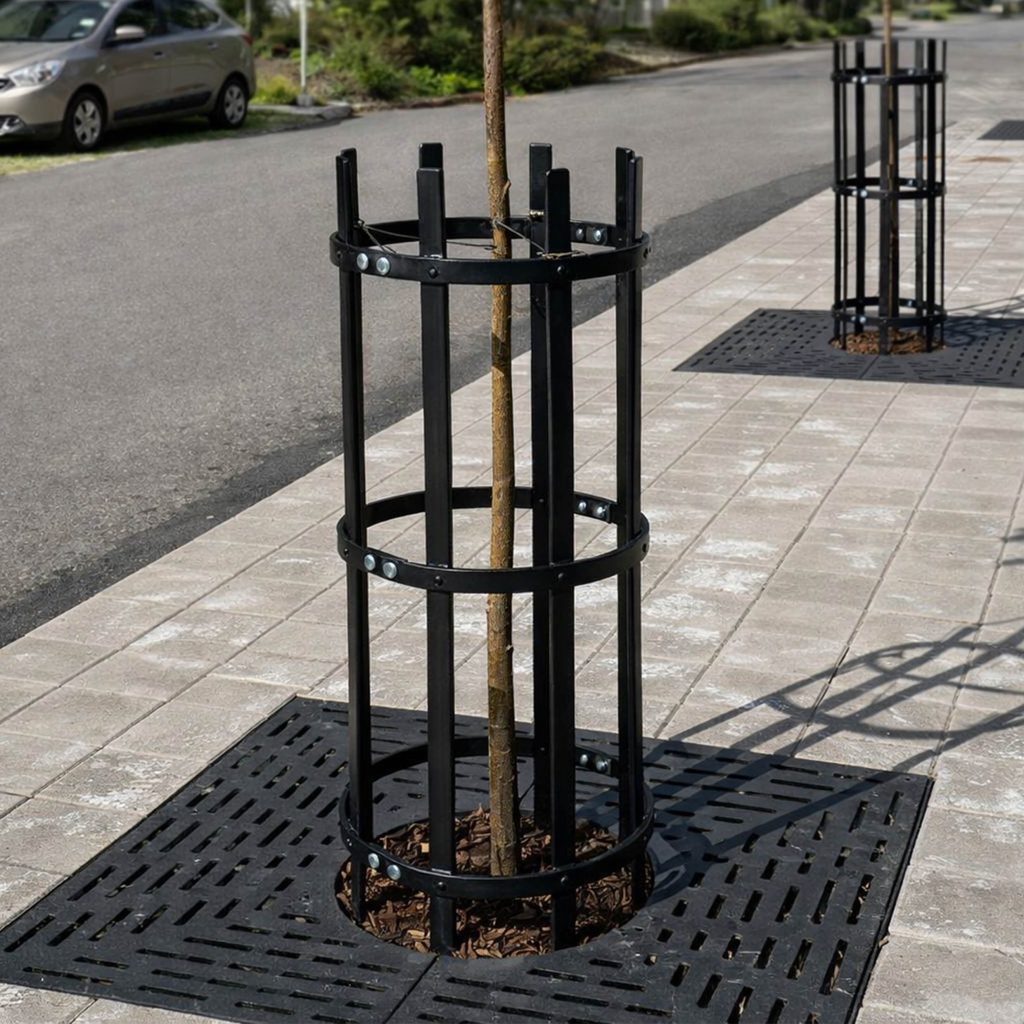 Puun runkosuoja asennettuna kaupunkiympäristön katualueelle. Puun rungonsuoja Torkki Classic