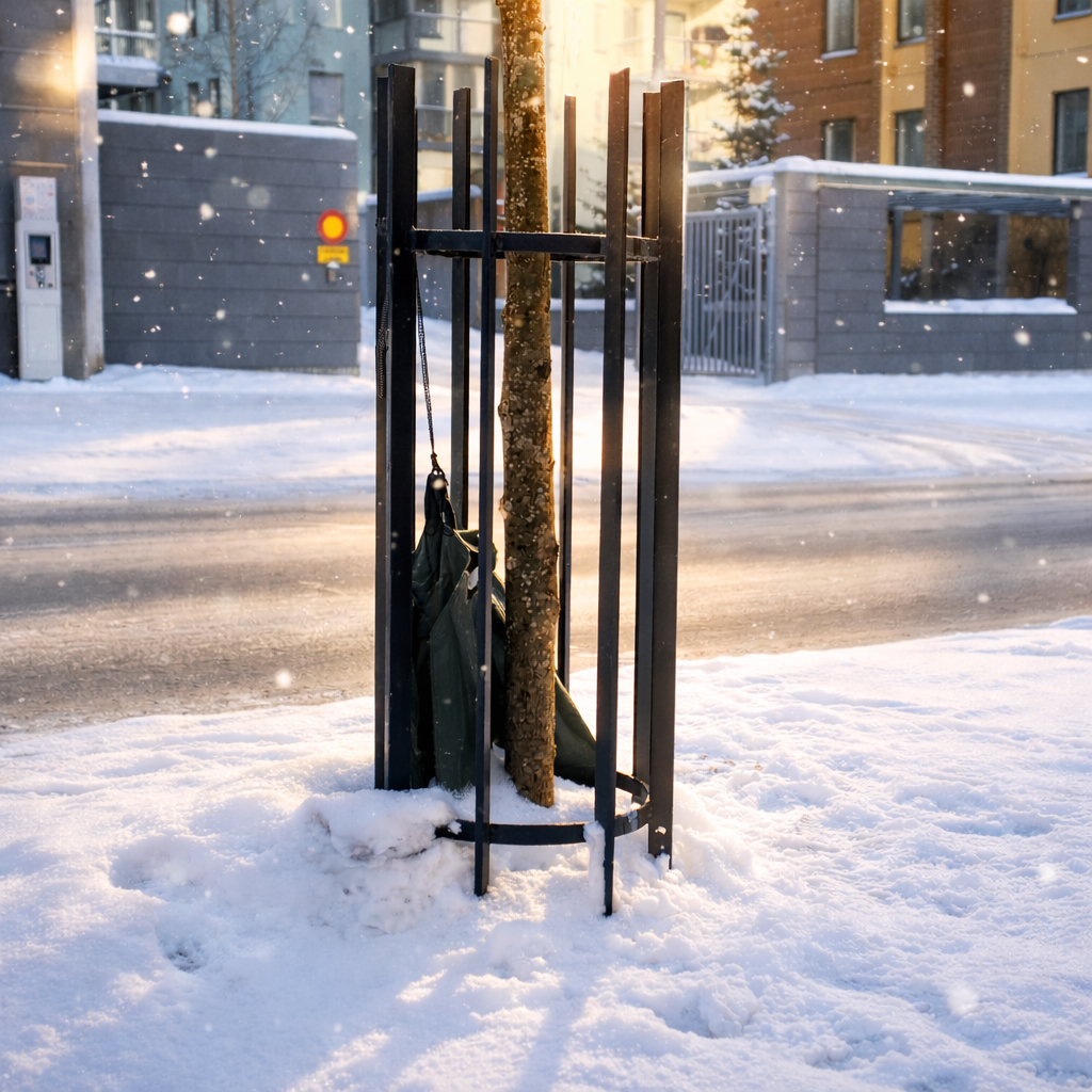 Metallinen puunsuoja suojaamassa puun runkoa. Puun runkosuoja Porvoo RS520