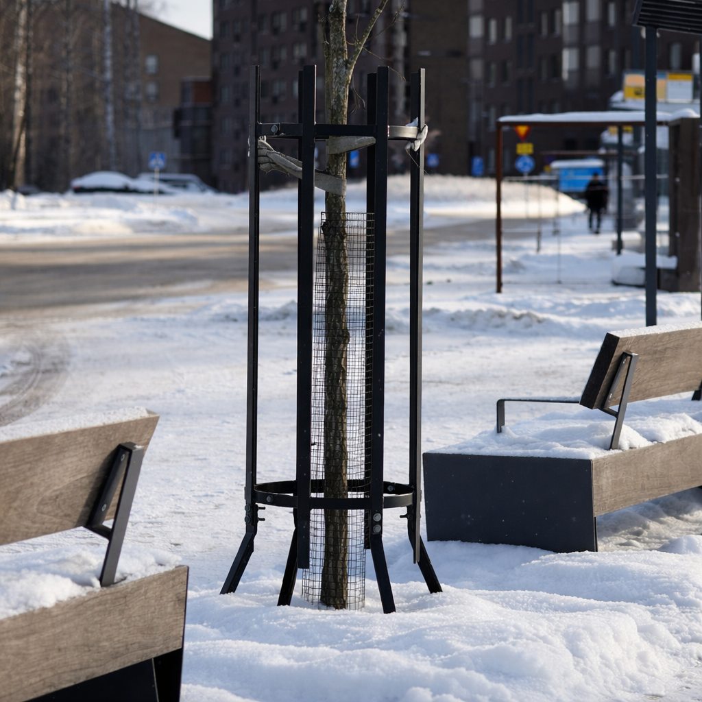 Puun metallinen runkosuoja asennettuna kaupunkiympäristön katualueelle. Torkki Basic puun runkosuoja